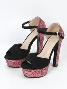 Của phụ nữ Đen Giày cao gót Nền tảng Dép xăng đan Với Giày cao gót dày Và Sáng bóng Chi tiết Cho mùa hè - Màu Hồng Tươi - Xem 6