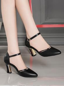 Elegant Hollow Out Thick Heel High Heels For Women, Pointed Toe And Ankle Strap Buckle Design
