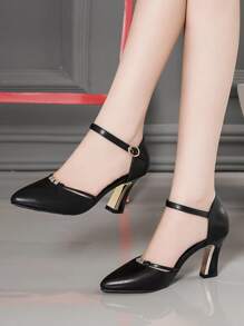 Elegant Hollow Out Thick Heel High Heels For Women, Pointed Toe And Ankle Strap Buckle Design