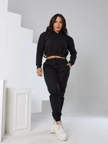 Conjunto Blusa de Frio de Moletom com Calça de Sarja - Preto - Visão 1