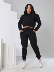 Conjunto Blusa de Frio de Moletom com Calça de Sarja - Preto - Visão 6