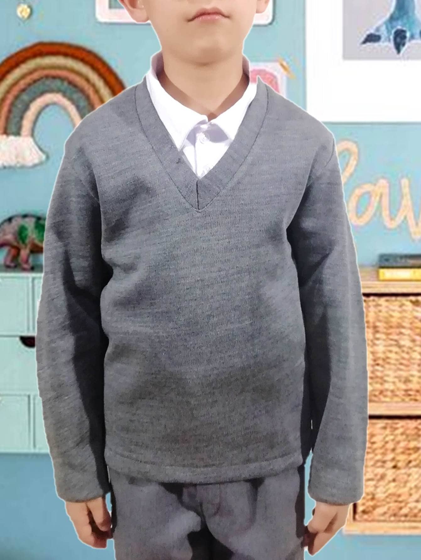 Suéter Cerrado Cuello V Uniforme Escolar Punto Roma Tallas Reducidas - Gris - Ver 1