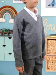 Suéter Cerrado Cuello V Uniforme Escolar Punto Roma Tallas Reducidas - Gris - Ver 2
