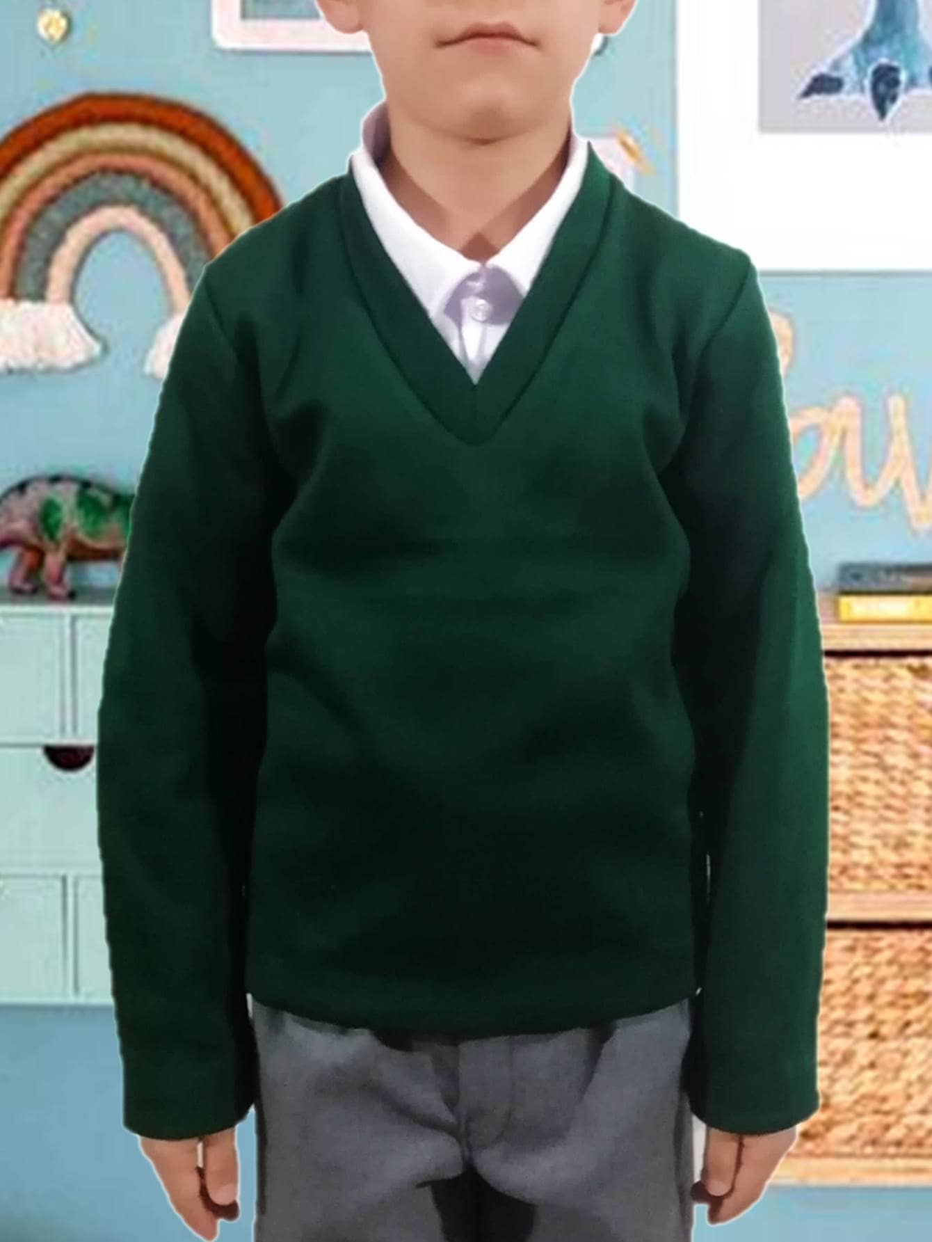 Suéter Cerrado Cuello V Uniforme Escolar Punto Roma Tallas Reducidas - Verde Oscuro - Ver 1
