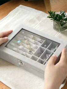 joyero caja organizadora de joyas de terciopelo - Gris - Ver 2