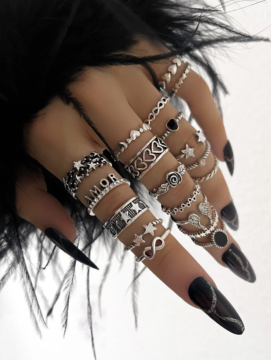19pcs Punk Style Ring Set With Heart, Star And Various Elements For ...