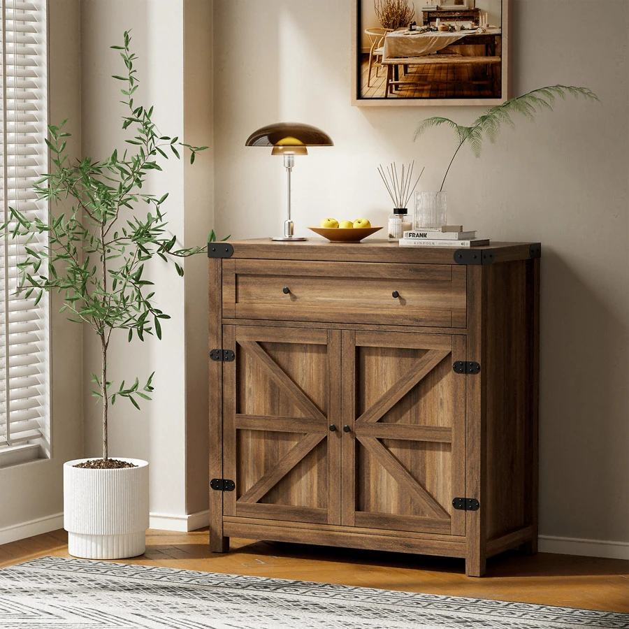 Flamaker Furmax Floor Storage Accent Cabinet Kitchen Sideboard Buffet Cabinet With Drawer And Adjustable Shelf Barn Door Storage Cabinet For Kitchen, Dining Room, Bathroom, Entryway - Brown - View 1