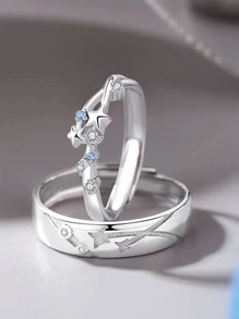 2pcs Star Shaped Couples Rings With Rhinestone, Open-ended Adjustable, Ideal Gift For Lovers - Silver - View 1