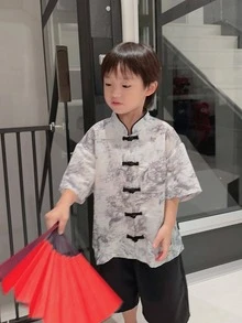 Traje de verano de estilo chino tradicional para niños preadolescentes, mangas cortas, diseño mejorado, traje antiguo - Multicolor - Ver 2