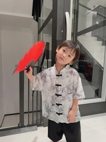 Traje de verano de estilo chino tradicional para niños preadolescentes, mangas cortas, diseño mejorado, traje antiguo - Multicolor - Ver 3