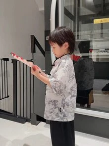 Traje de verano de estilo chino tradicional para niños preadolescentes, mangas cortas, diseño mejorado, traje antiguo - Multicolor - Ver 5