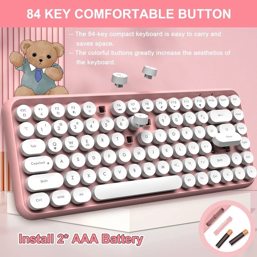 Wireless Bluetooth Keyboard Mini Portable 84-Key Keyboard Compatible With Android, Windows, PC, Tablet-Dark, Perfer For Home And Office Keyboards (Purple-Colorful) - 粉色 - 查看 1