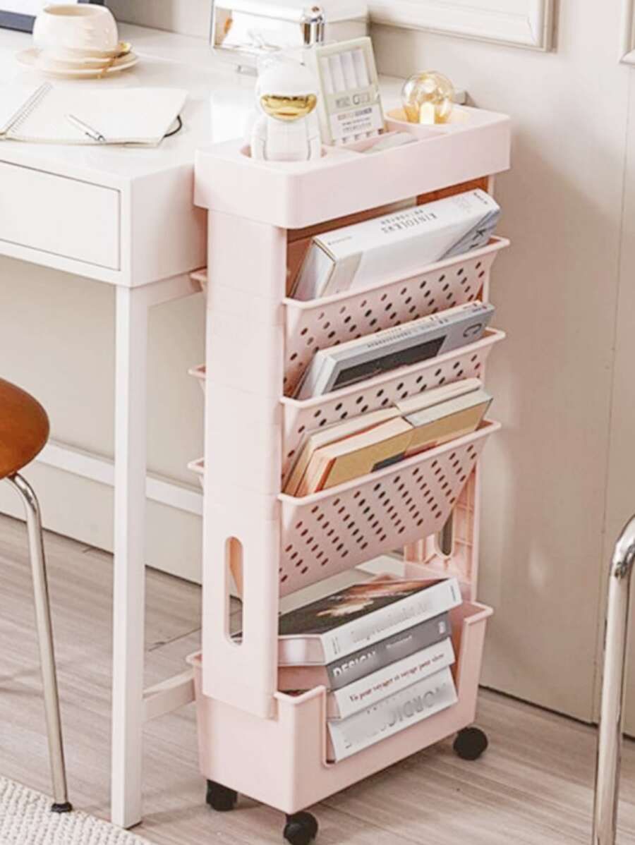 1pc 5-tier Pink Mobile Floor-standing Storage Rack With Wheels - Baby Pink - View 1