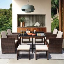 Furmax 9 Pieces Outdoor Dining Sets Patio Rattan Conversation Set Outdoor Space Saving Wicker Chairs With Glass Table - Beige - View 2