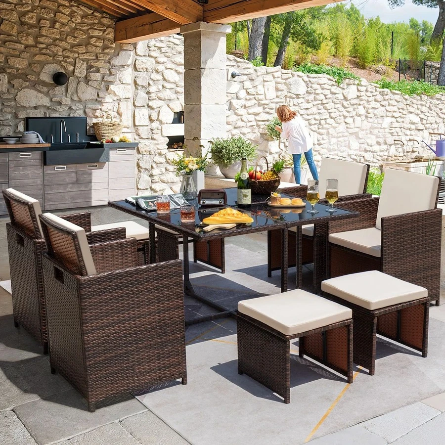 Furmax 9 Pieces Outdoor Dining Sets Patio Rattan Conversation Set Outdoor Space Saving Wicker Chairs With Glass Table - Beige - View 1