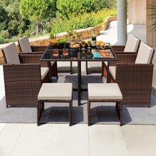 Furmax 9 Pieces Outdoor Dining Sets Patio Rattan Conversation Set Outdoor Space Saving Wicker Chairs With Glass Table - Beige - View 3