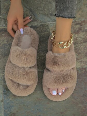 2024 Women Home Double Straps Fluffy Slippers Appearance Design, Soft And Cozy Home Feeling, Simple Design With Two Straps.