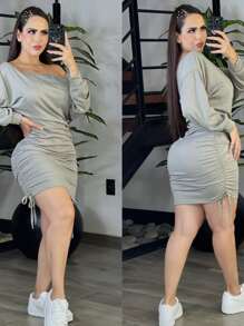 Dress With Double Drawstring Dropped Shoulder Fresh Fabric ANA - Light Grey - View 1