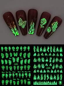 2sheets Fire & Butterfly Print Luminous Nail Art Sticker Y2K-Style Nail Art Decals Nail Stickers DIY