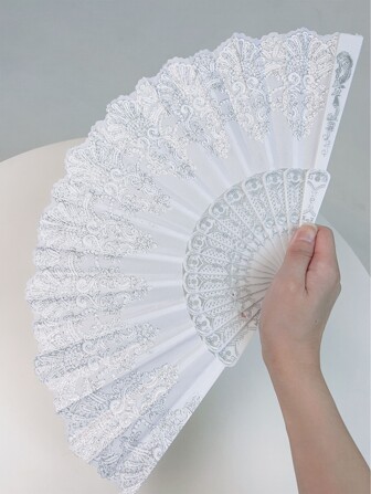 1pc White Folding Fan For Women, Decorated With Silver Floral Print, Ideal For Dancing And Fashion Elegant