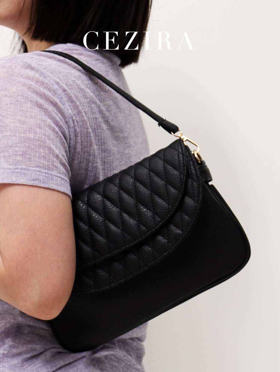 Quilted Pu Leather Double Flap Cover Crossbody Bag With 2 Straps Back Pocket Shoulder Handbags Purse For Women Daily Casual Portable - Black - View 1