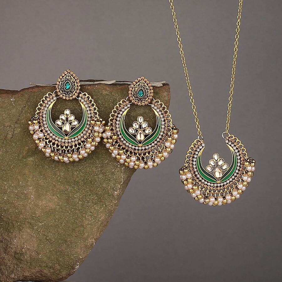 1set Bold Necklace & Earrings Set Vintage Bell Pendant Dangle Earrings, Women's Jewelry - Green - View 1