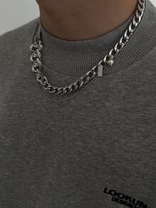 1条时尚金属链条多层项链，适合男士日常、约会、派对佩戴 - 銀色 - 查看 2