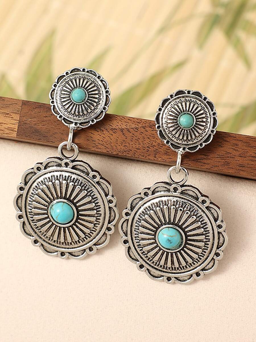 2 Miếng Retro Phong cách phương Tây Của phụ nữ Hoa tai , Màu ngọc lam Lớn Vòng Hoa tai Đồ trang sức - Nhiều màu - Xem 1