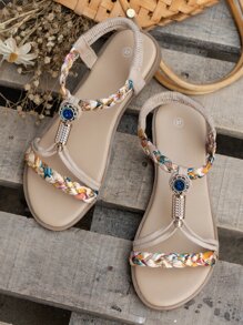 Women Bohemian Style Round Toe Floral Woven Flat Casual Sandals - Multicolor - View 7