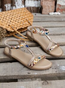Women Bohemian Style Round Toe Floral Woven Flat Casual Sandals - Multicolor - View 6