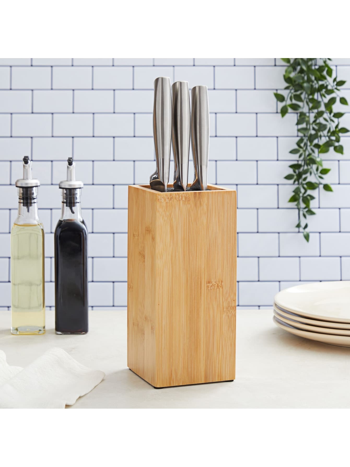 Bamboo Universal Knife Block With Adjustable Bristles For Kitchen