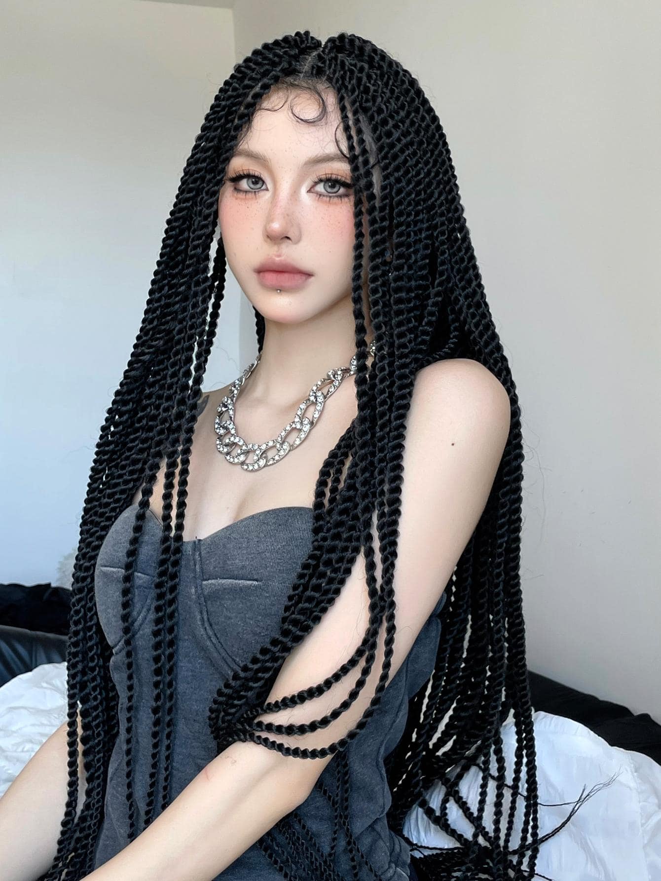 Black Full Lace Synthetic Senegalese Twist Braided Wigs for Women Long