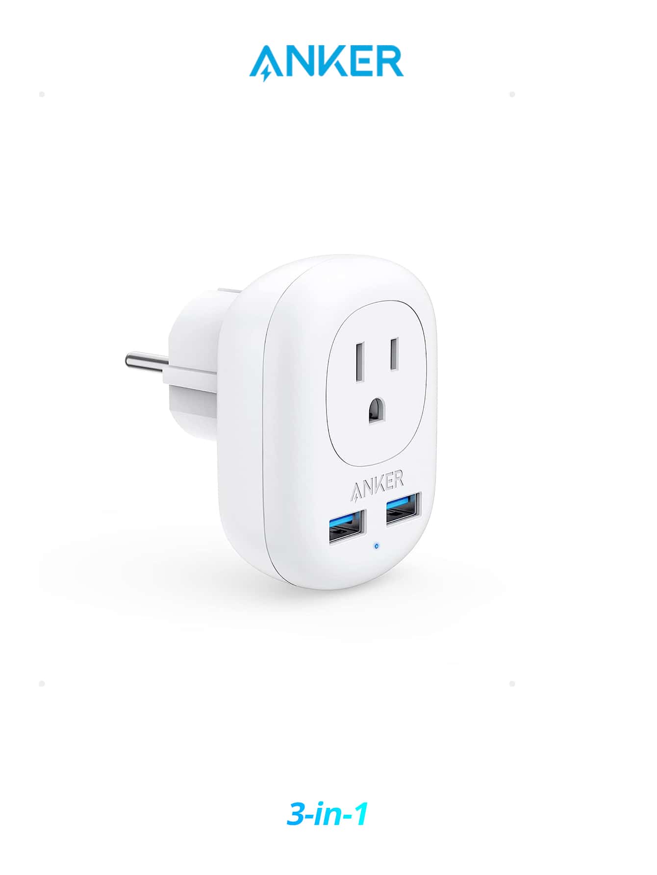 Anker European Travel, PowerExtend USB Plug International Power Adapter with 2 USB Ports and 1 Outlet, US to Most of Europe EU Spain Iceland Italy France Germany, Compact for Travel, Office - 白色 - 查看 1