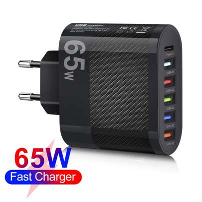 Maerknon 1pc 65W USB Charger With PD, 6-Port Quick Charge 3.0 Fast Charger Compatible With Xiaomi , Black Color EU Plug Type