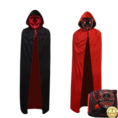 万圣节红色荧光面具和120厘米披风套装，适合节日角色扮演、万圣节服装、化装舞会、狂欢节等场合，也是一份不错的礼物。