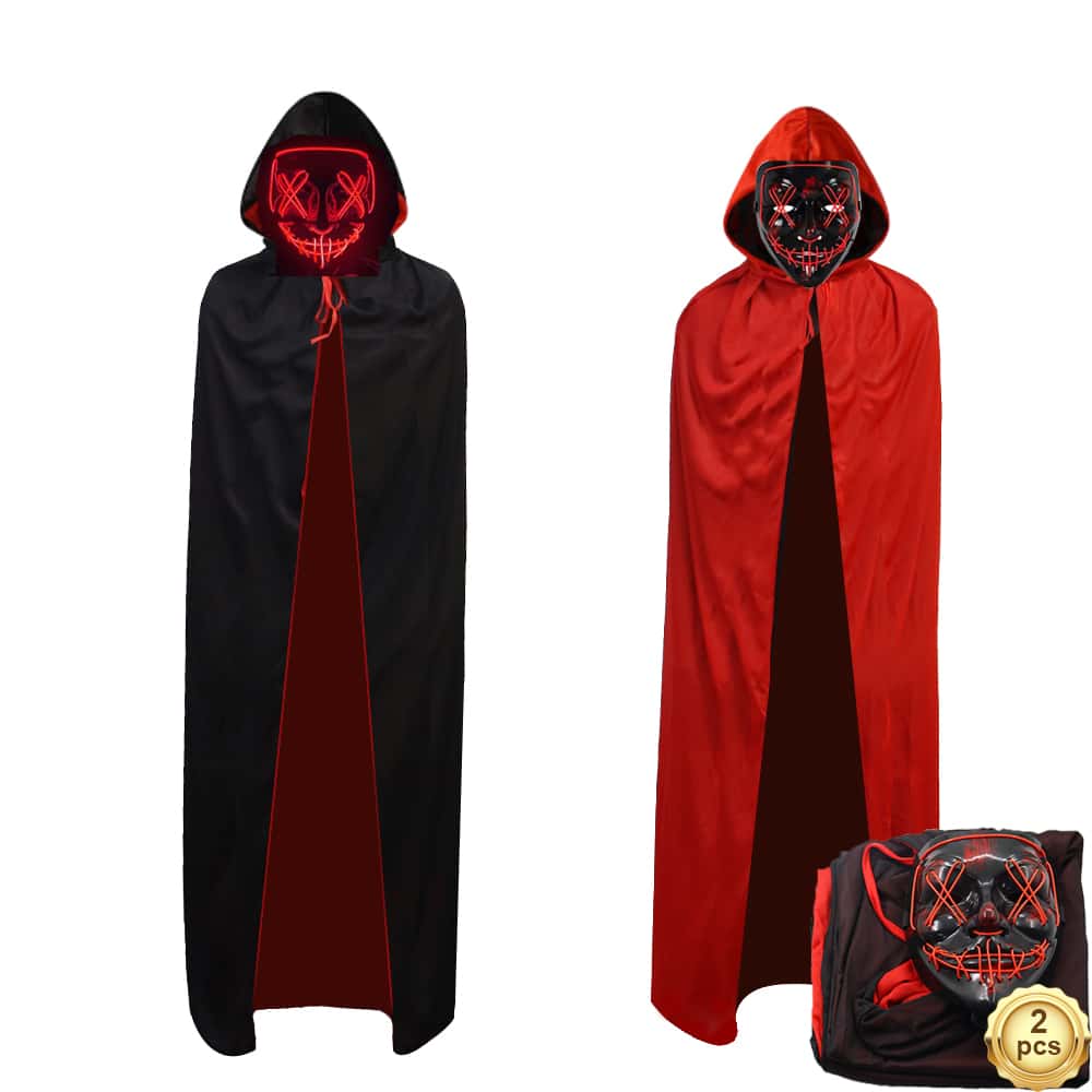 万圣节红色荧光面具和120厘米披风套装，适合节日角色扮演、万圣节服装、化装舞会、狂欢节等场合，也是一份不错的礼物。 - 紅色 - 查看 1