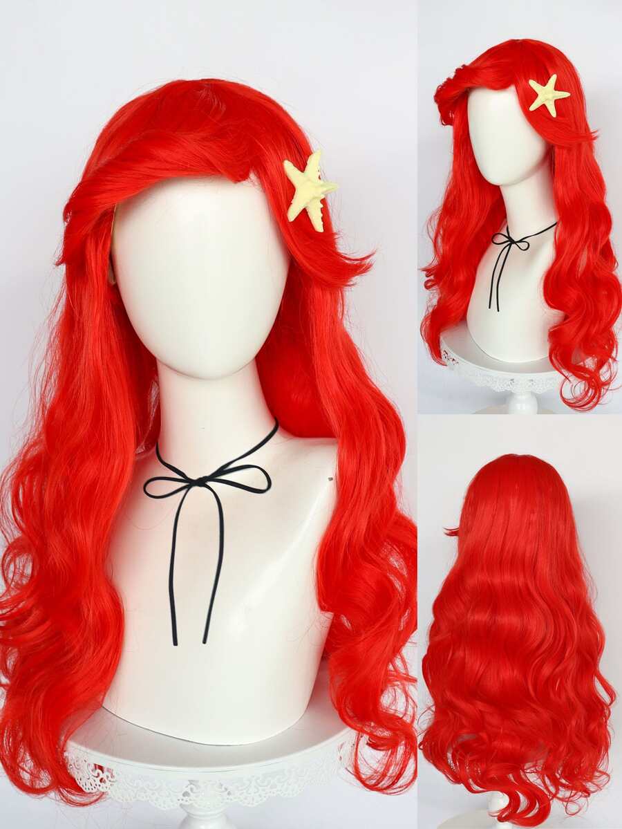 合成無膠耐熱纖維頭髮26英寸長波浪紅色美人魚角色扮演假髮帶海星髮夾女式女孩成人或兒童公主裝扮假髮帶劉海適合化裝萬聖節服裝派對道具和1入組假髮帽 - 紅色 - 查看 1
