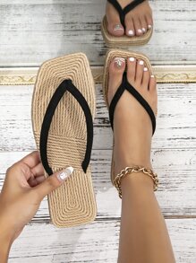 Women's Simple Style Black Suede Flat Slippers With Striped Design