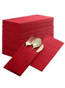 2pcs Disposable Linen Feel Table Napkins With Built-in Flatware Pouch, Pre-folded Like Paper Napkins, Ideal For Dinner, Wedding Or Party - Red - View 1