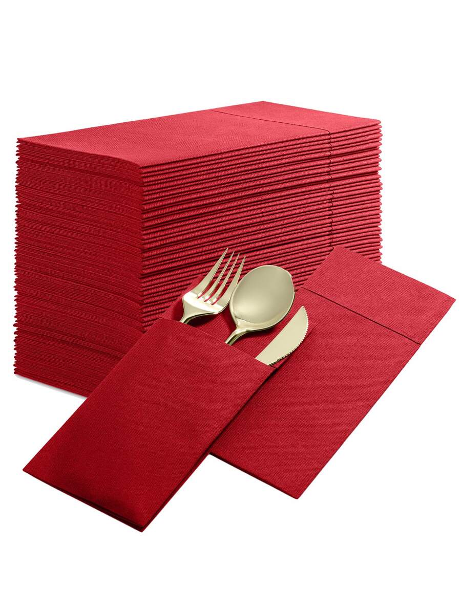 2pcs Disposable Linen Feel Table Napkins With Built-in Flatware Pouch, Pre-folded Like Paper Napkins, Ideal For Dinner, Wedding Or Party - Red - View 1