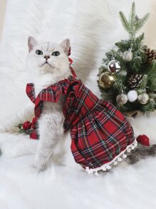 1 Set de ropa para mascotas con vestido estampado a cuadros y corbatín