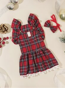 1 Set de ropa para mascotas con vestido estampado a cuadros y corbatín