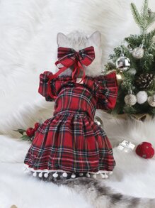 1 Set de ropa para mascotas con vestido estampado a cuadros y corbatín
