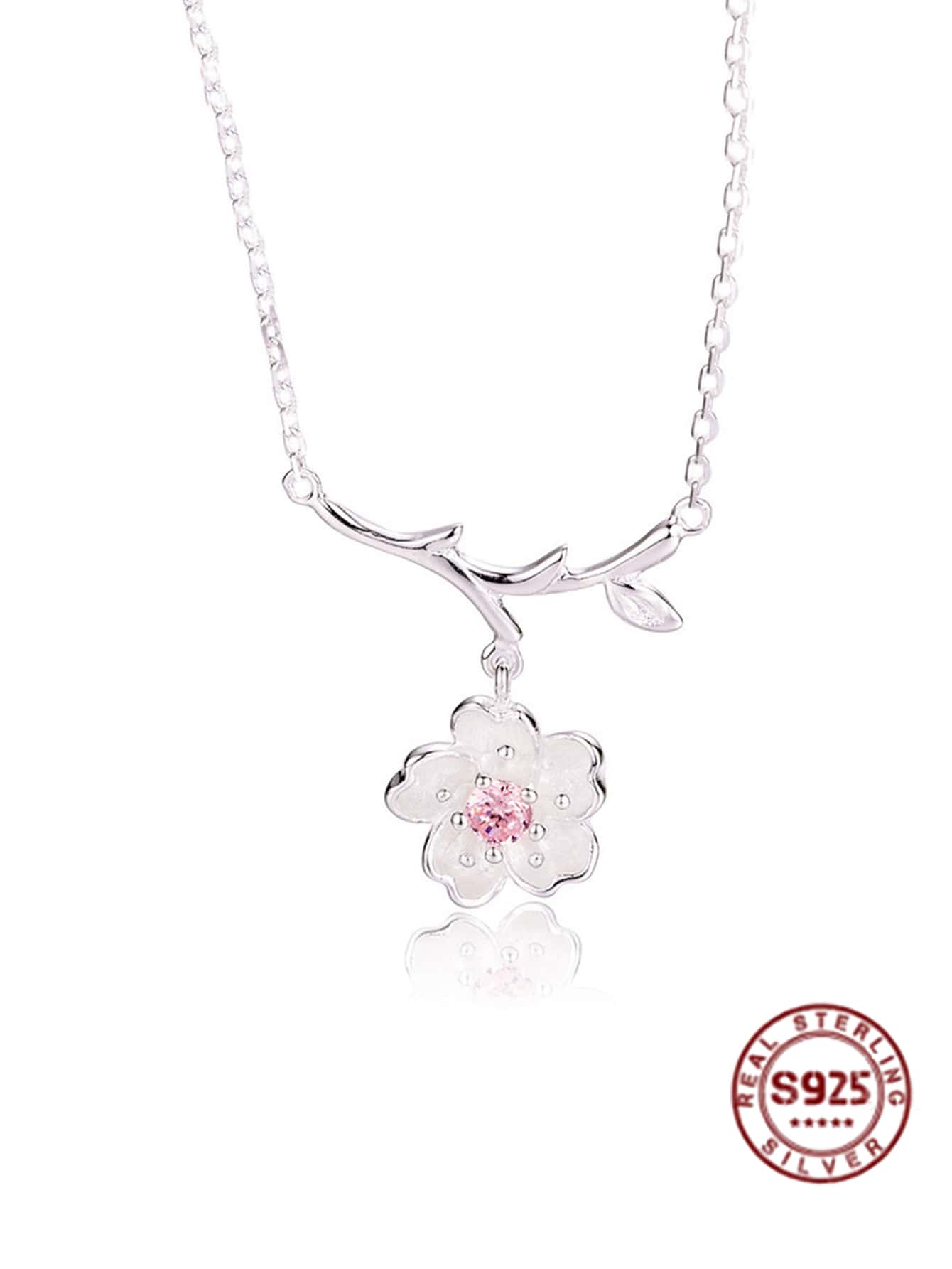 1入組925純銀項鍊時尚櫻花鑲嵌粉色的氧化鋯項鍊適合女士婚禮派對精細的首飾類禮物 - 銀色 - 查看 1