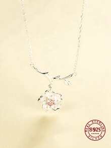 1入組925純銀項鍊時尚櫻花鑲嵌粉色的氧化鋯項鍊適合女士婚禮派對精細的首飾類禮物 - 銀色 - 查看 3