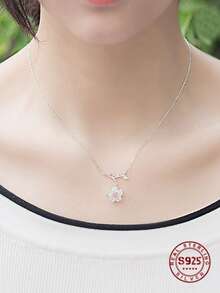 1入組925純銀項鍊時尚櫻花鑲嵌粉色的氧化鋯項鍊適合女士婚禮派對精細的首飾類禮物 - 銀色 - 查看 8