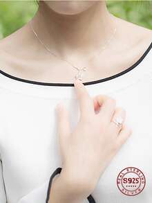 1入組925純銀項鍊時尚櫻花鑲嵌粉色的氧化鋯項鍊適合女士婚禮派對精細的首飾類禮物 - 銀色 - 查看 7