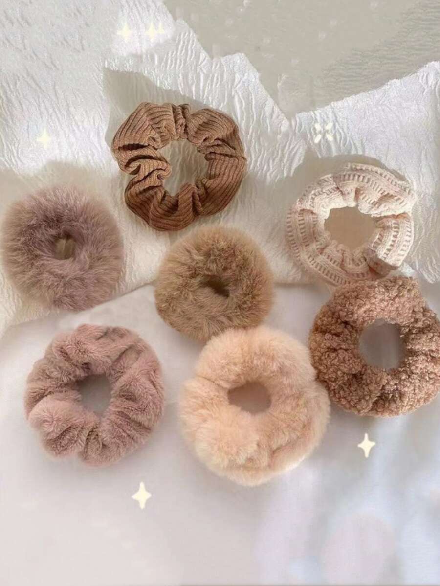 7 chiếc dây buộc tóc bằng vải nhung trơn màu dùng hàng ngày - Cà phê - Xem 1