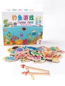 1pc 31 Fishes Magnetic Wooden Fishing Toy Set For Kids Brain Teaser Game In Wooden Box, Educational Toy For Baby To Learn Numbers And Shapes Through Colorful Fish Playing Game - Multicolor - View 2