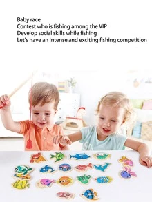 1pc 31 Fishes Magnetic Wooden Fishing Toy Set For Kids Brain Teaser Game In Wooden Box, Educational Toy For Baby To Learn Numbers And Shapes Through Colorful Fish Playing Game - Multicolor - View 9